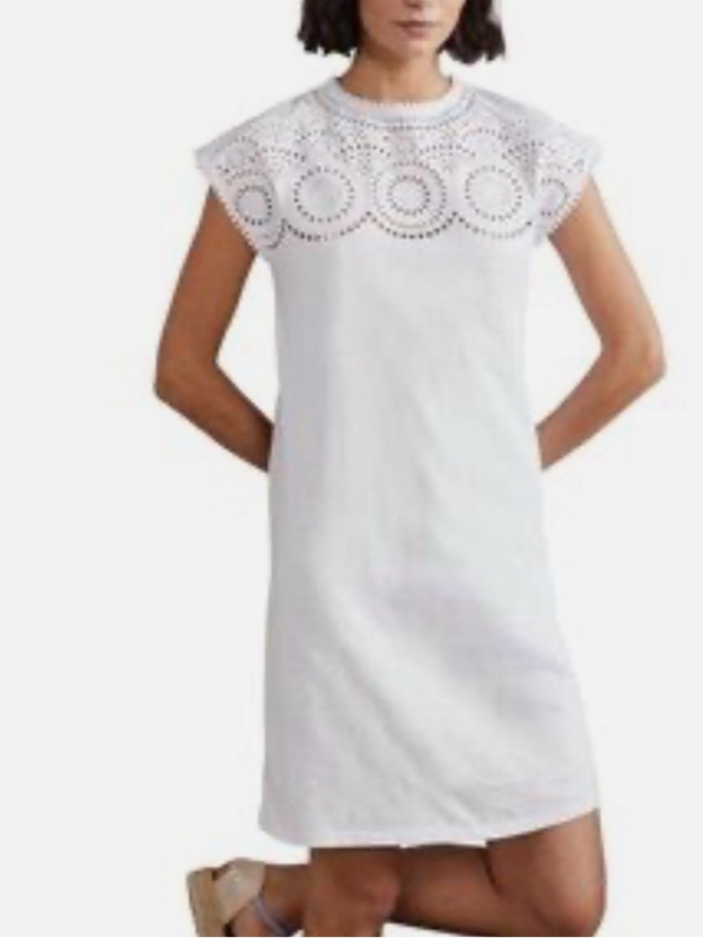 Boden Cutwork Jersey T Shirt Dress Womens 4R White Versatile Cotton Casual NWT